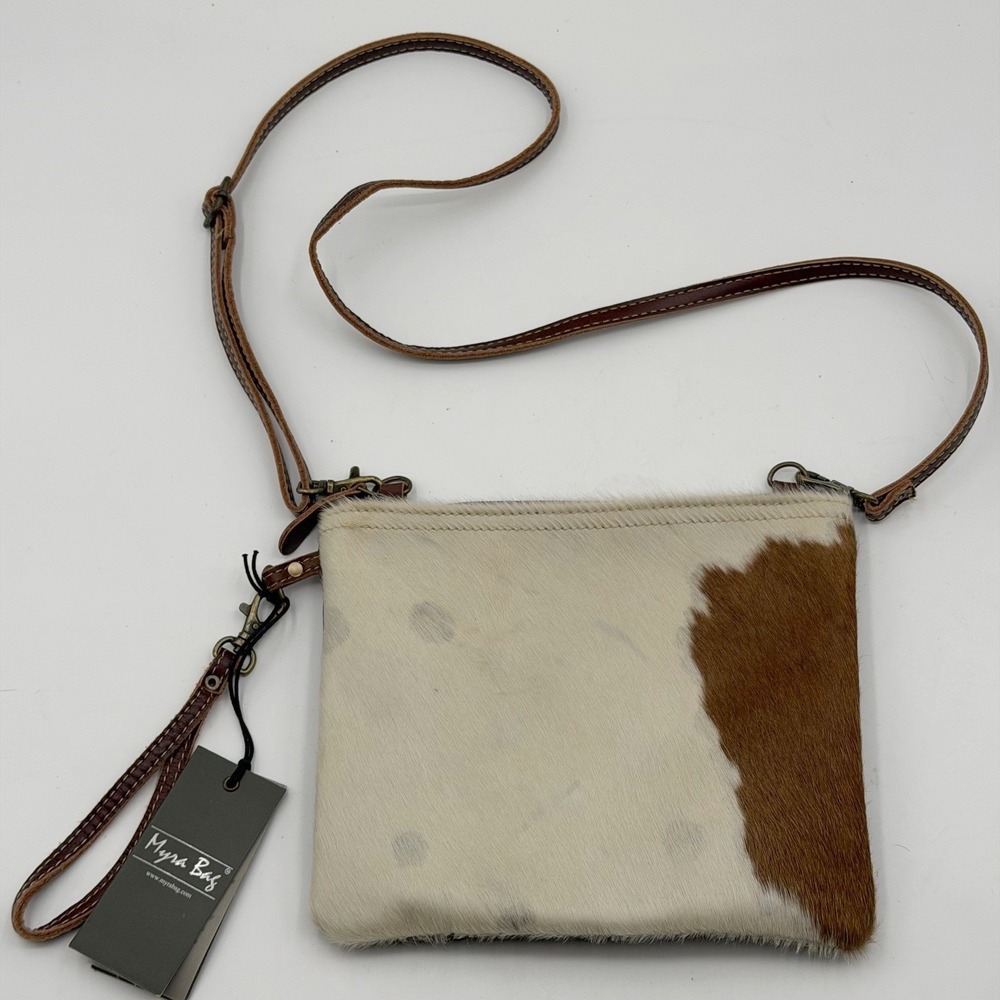 Myra Bag Cowhide Leather Crossbody Wristlet Brown White Hair on Hide NEW Rodeo